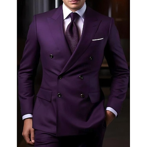 Purple Men's Wedding Suits 2 Piece Solid Colored Tailored Fit Double Breasted Six-buttons 2024 2024 - $95.99