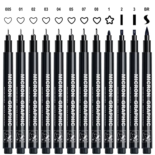 AKARUED Black Fineliner Pens, 12 Pack Fineliners Technical Drawing Pens Micro Liner Sketch Pens for Artists, Fineliner Pen for Sketching Drawing Illustration Manga Scrapbooking Office Art Supplies