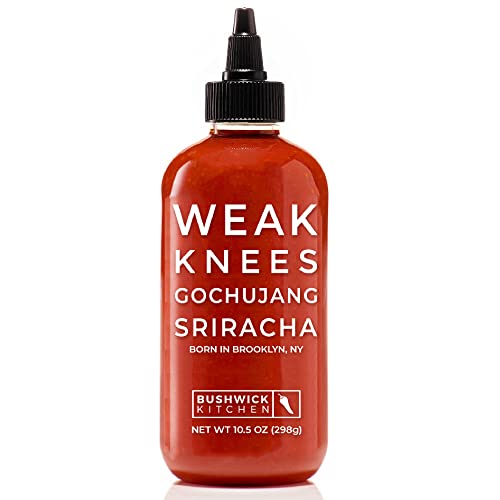 Weak Knees Gochujang Sriracha Hot Sauce, Sriracha Sauce 10.5oz Easy Squeeze Bottle, Korean Gochujang Paste Infused Sriracha Chili Sauce, Vegan Hot Sauce, Unique Gifts for Men, Food Gifts - Gochujang Sriracha 10.5oz