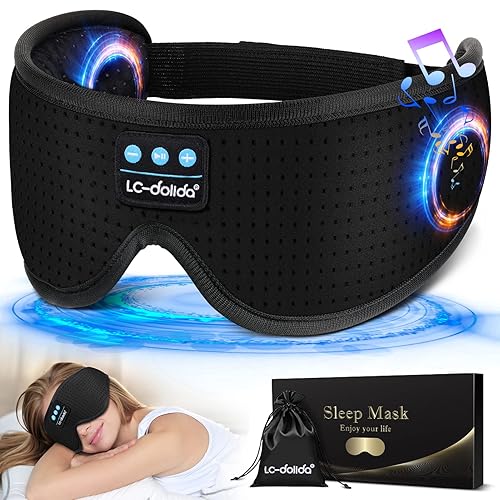 LC-dolida Sleep Headphones, White Noise Bluetooth Sleep Mask 3D Wireless Eye Mask Sleeping with Timing, Sleep Mask with Bluetooth Headphones for Side Sleepers Travel Yoga, Cool Gifts Men Women - Cool Black