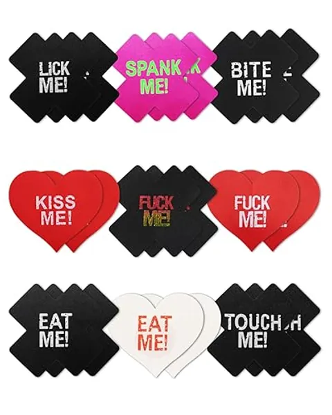 CICKEE Pasties Sexy Nipple Covers Pack Fun Pasty Pack for Rave Party Goth Lingerie Heart X Breast Petals with Words - #1 Red Black