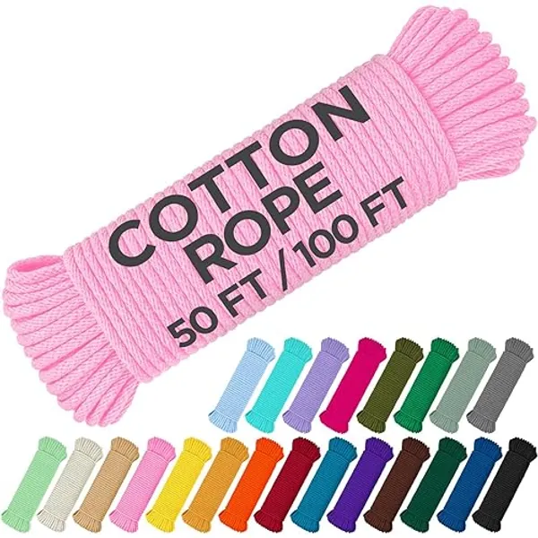 TECEUM Cotton Rope 3/16” (5 mm) – 50 FT – Strong All-Purpose Braided Rope – Natural Cotton – for Crafting, Сamping, Clothes Line, DIY, Indoor & Outdoor Use – Pink - Pink - 50 feet