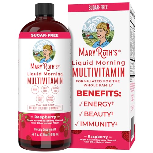 MaryRuth's Multivitamin for Women | Men & Kids | Vegan Liquid Vitamins & Minerals | Adults & Kids Multivitamins | Beauty & Energy Booster | Raspberry | No Added Sugar | 15.22 Fl Oz - Raspberry - 32 Fl Oz (Pack of 1)
