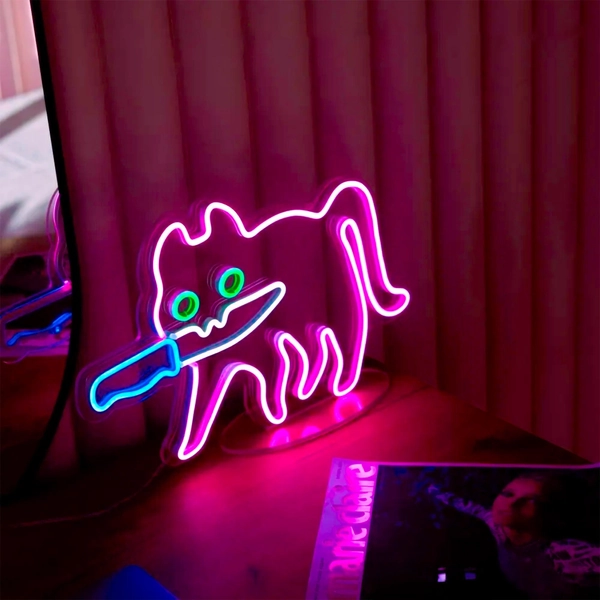 Sneaky Cat Neon Sign, Fun LED Lights on a Stand, Gift for Partner or Kids, Cute Bedroom Mood Booster Light, Comical Mischievous Kitten