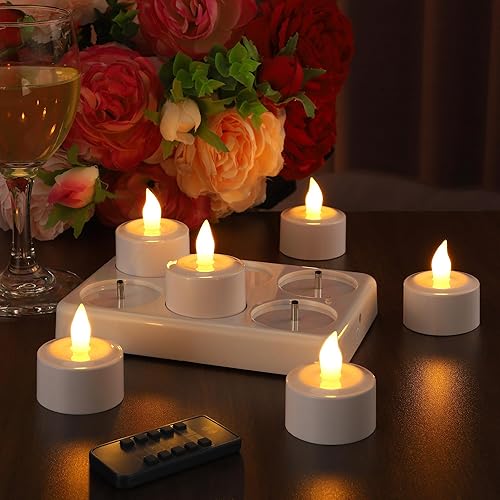 EXTSUD Set of 6 Rechargeable LED Tea Lights- Flickering Flame, Charging Station, and Remote - Perfect for Christmas, Birthdays, Weddings, Tables, Restaurants, and Hotels, Yellow - Yellow - 6PCS