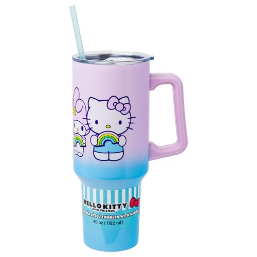 Silver Buffalo Sanrio Hello Kitty and Friends Featuring My Melody, Kuromi, and Pompompurin Rainbow Ombre Stainless Steel Tumbler with Handle and Straw, Fits in Standard Cup Holder, 40 Ounces - 40 Ounces - Over the Rainbow