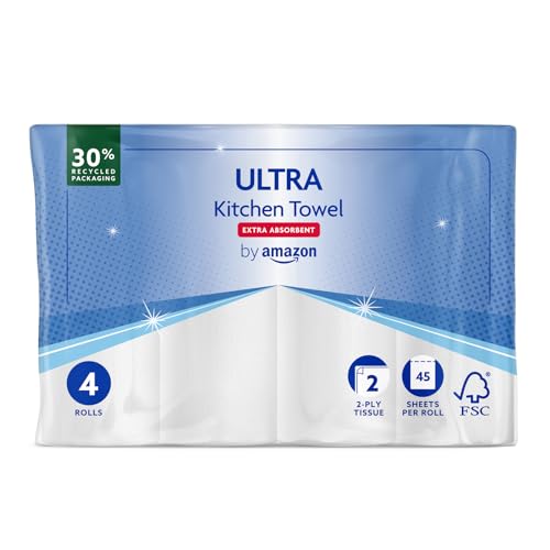 by Amazon Ultra Kitchen Roll (Extra Absorbent), 4 Rolls (1 Pack of 4), 45 Sheets per Roll, 180 Count, White - 45 count (Pack of 4) - ULTRA: 2 Ply (Extra Absorbent)