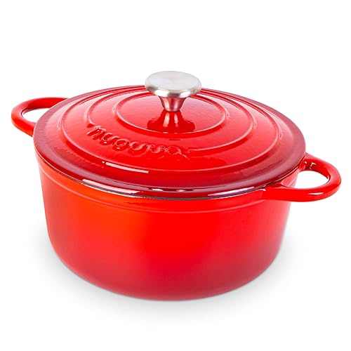 Cast Iron Pot with Lid – Non-Stick Ovenproof Enamelled Casserole Pot, Oven Safe up to 500° F – Sturdy Dutch Oven Cookware – Red, 5-Quart, 24cm – by Nuovva - Red - 5-Quart - Deep