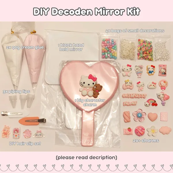 DIY Decoden Handheld Mirror Deco Kit | DIY Fake Cream Glue Craft Supplies, Pink Cute Mirror