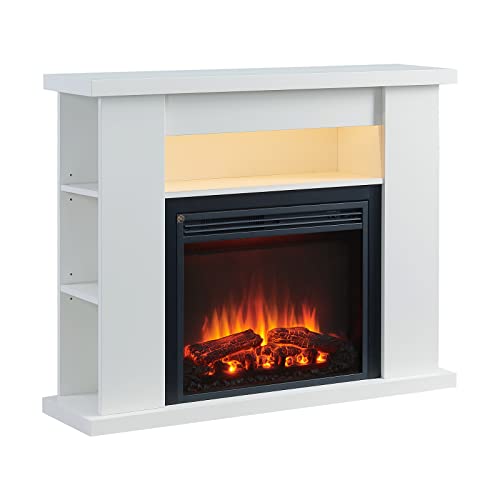 FLAMME 43" Lipson Electric Fireplace Suite White Colour with Storage Shelves Includes 2000w Heater with Glass Fronted Flame Effect, Remote Control - 43" / 110cm - White