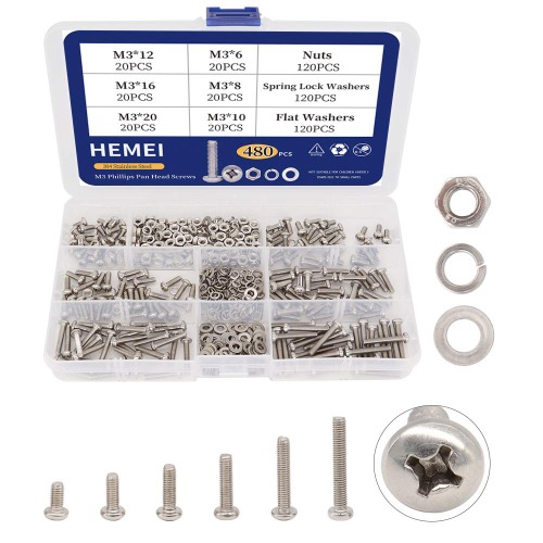 HEMEI 480Pcs M3 Phillips Pan Head Bolt Screws