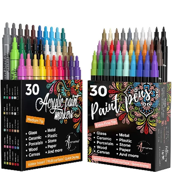 Artistro 30 Acrylic Paint Markers Medium Tip and 30 Acrylic Paint Markers Extra Fine Tip, Bundle for Rock Painting, Wood, Fabric, Card, Paper, Photo Album, Ceramic & Glass