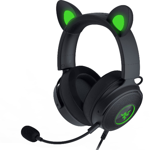 Razer Kraken Kitty V2 Pro Wired RGB Headset: Interchangeable Ears (Kitty, Bear, Bunny) - Stream Reactive Lighting - Detachable HyperClear Cardioid Mic - 50mm Drivers - 7.1 Surround Sound - Black - Black Standard
