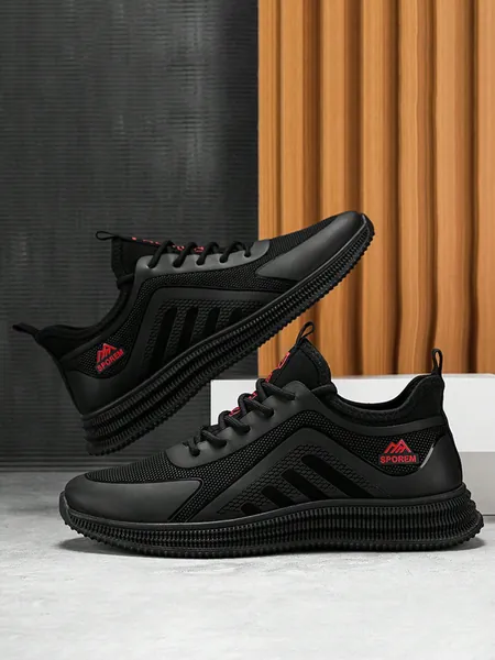 Men Breathable Letter Graphic Lace Up Front Sneakers, Sporty Outdoor Fabric Running Shoes