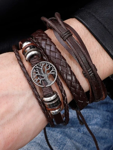 Fashionable and Popular 3pcs Men Tree Decor Layered Bracelet PU for Jewelry Gift and for a Stylish Look | SHEIN UK