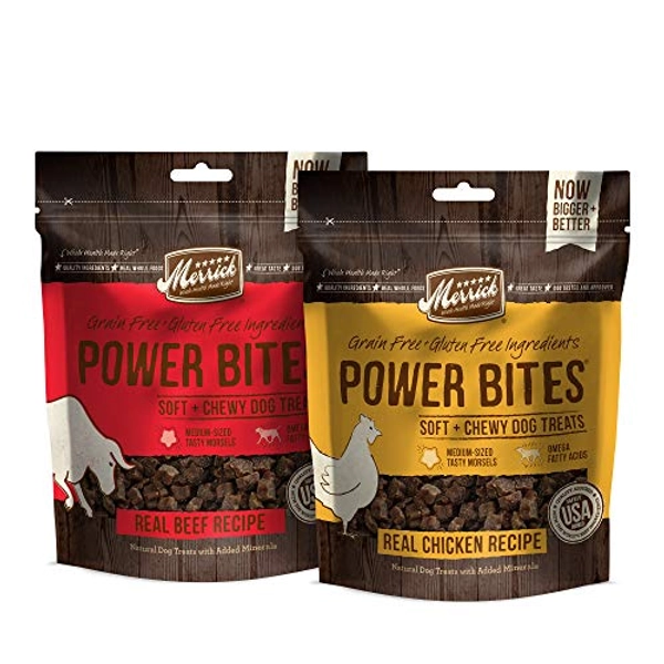 Merrick Power Bites Grain Free Dog Treats, 2 Flavors (Chicken & Real Texas Beef) Bundle Pack