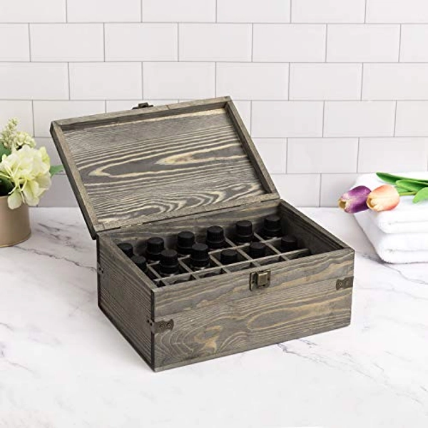 MyGift 24 Slot Wooden Essential Oil Bottle Storage Box, Vintage Gray Wood Roller Organizer Holder Display Case, Holds Up to 30 mL Bottles