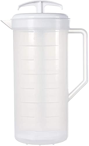 JBK Pottery - Mixing Pitcher for Drinks, Plastic Water Pitcher with Lid and Plunger with Angled Blades, Easy-Mix Juice Container, 2-Quart Capacity (White, One) - One - White