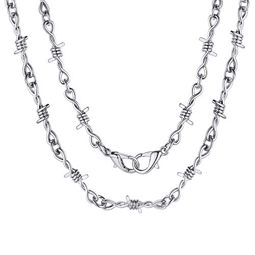 ChainsHouse Barbed Wire Necklace 46cm 56cm Goth Jewelry Grunge Necklace Thorn Chain for Men Women - Silver - 56.0 Centimetres