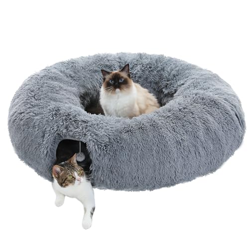 PAWZ Road Plush Cat Tunnel for Indoor Cats, 2 in 1 Donut Circle Shape Cat Tunnel & Cat Bed Grey - Donut Shape