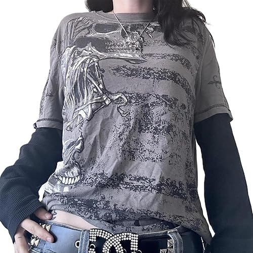 Y2k Fairy Grunge Graphic T-Shirts for Women E-Girls Goth Long Sleeve Tee Tops Vintage Emo Clothes 90s Streetwear - Grey - Large