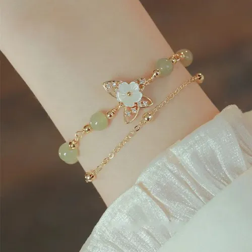 Jade Butterfly Tridacna Stone Flower Double Layer Luck Bracelet