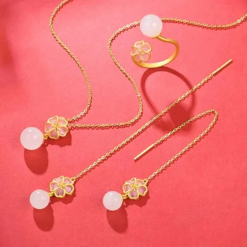White Jade Cherry Blossom Sakura Luck Necklace Pendant Ring Earrings Set