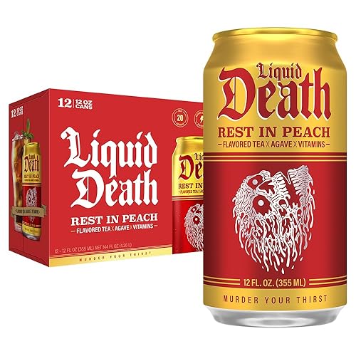 Liquid Death, Rest in Peach Iced Tea, 12-Pack (12 oz Cans), Peach Flavored Back Tea, Low Calorie, No Artificial Sweeteners, B12 & B6 Vitamins - Rest in Peach - 12 Fl Oz (Pack of 12)