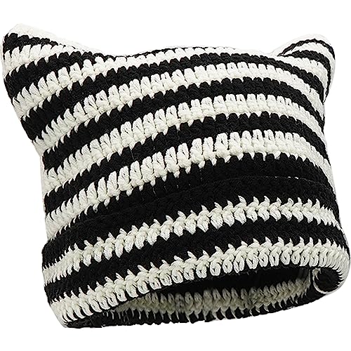XYIYI Crochet Hats for Women Cat Ear Knit Hat Vintage Beanie Grunge Accessories Slouchy Beanies for Womens - One Size - Black White