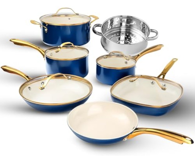 Gotham Steel 12 Pc Ceramic Pots and Pans Set Non Stick, Kitchen Cookware Sets, Pot and Pan Set, Ceramic Cookware Set, Non Toxic Cookware Set, Non Stick Pots and Pan Set, Dishwasher Safe - Cream Navy… - 12 Pc Navy