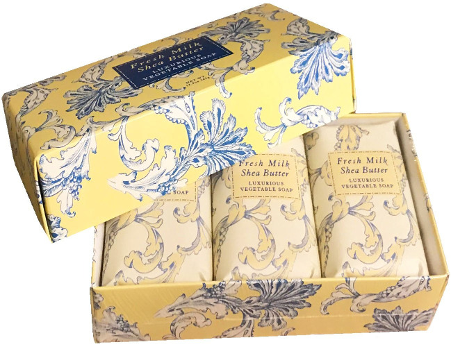 Greenwich Bay Triple Milled Soap Gift Set with Shea Butter and Cocoa Butter - Set of Three Soap Bars 4.3 Oz. Ea. Individually Wrapped in Beautiful Gift Box Collection (Fresh Milk Shea)