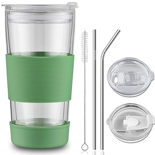 18 oz Double Wall Glass Tumbler with Straw and Leak-proof Plastic Lid, Borosilicate Glass Coffee Travel Mug, To Go Clear Reusable Tea Cup, BPA-free, Microwave Safe (Green) - Green