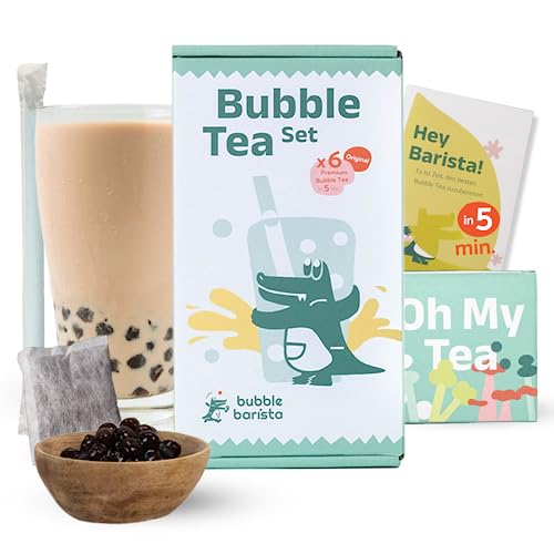 Bubble Barista Bubble Tea Set zum selber machen (6x Tapioka, 6x schwarzer Tee, 6x Strohhalme) - Bubble Tee Perlen DIY Starterset mit Boba Tapioka und schwarzen Perlen - Bubble Tea fertig