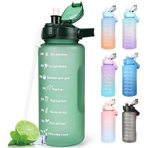 CodiCile 2L Trinkflasche BPA Free Sport Getränke Krug mit Zeitmarkierung & Lock Abdeckung, 2000ml Auslaufsichere Motivations Wasserflasche mit Strohhalm, Tragbarer Griff Rosa Trinkflasche - 2l-mondlichtgrün