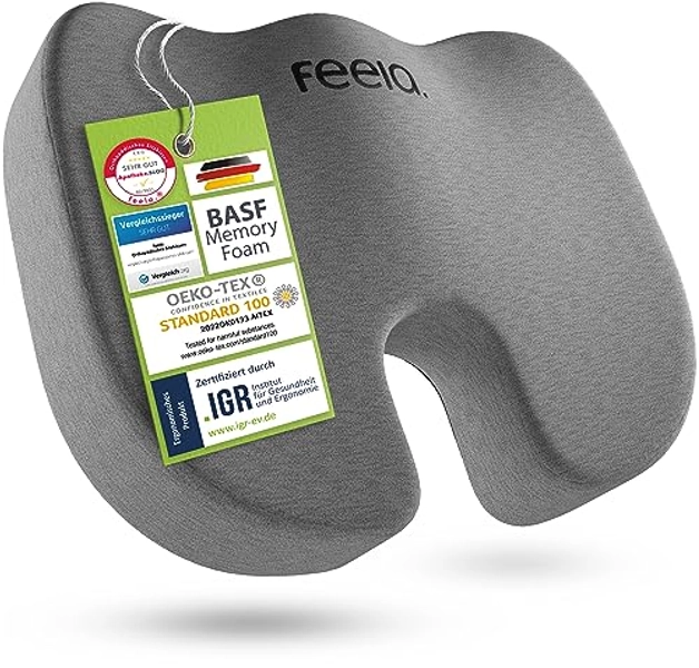 feela.® Orthopädisches Sitzkissen [3 Härtegrade] - Ergonomisches Sitzkissen für Bürostuhl & Co - Wirkt Schmerzreduzierend, Erhöht Sitzkomfort, Fördert Durchblutung und Entlastet das Steißbein (Weich)