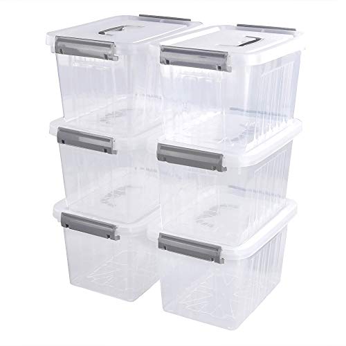 Ponpong 6 L Plastic Storage Container Box, Small Plastic Bin with Lid, Clear and Grey, 6 Packs - Clear Grey