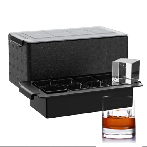 Clear Ice Cube Tray for Whiskey: FDDBI 2Inch Clear Ice Cube Maker - Silicone Large Ice Cube Tray - Square Ice Tray for Bourbon Old Fashioned Whisky - 8 cubes