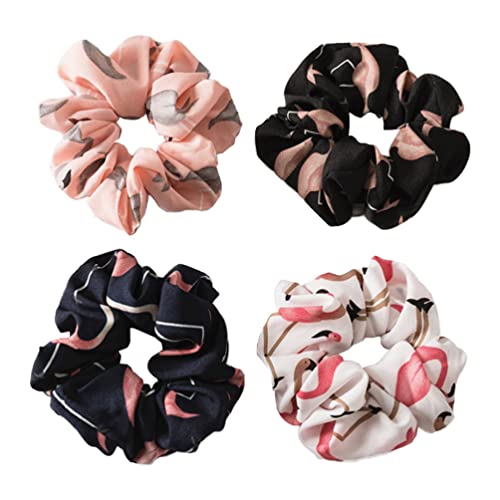 Lurrose 4pcs Flamingo Printing Cotton Hair Scrunchies Stretch Hair Ties Ponytail Holders for Women Girls (Ming Blue + Pink + White + Black)