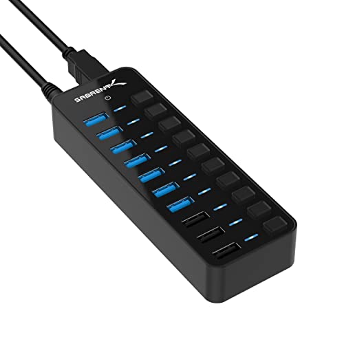 SABRENT 60W 10 Port USB 3.0 Hub Includes 3 Smart Charging Ports with Individual Power Switches and LEDs and 60W 12V/5A Power Adapter (HB-B7C3) - 7 + 3 Charging Ports