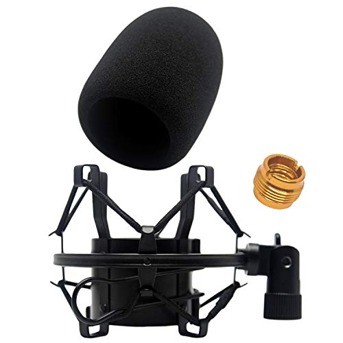 AT2020 Foam Windscreen with Shock Mount by Vocalbeat - Mount Made from Quality Materials to Eliminate Vibrations - Acoustic Foam Act as a Pop Filter for your Mic - Black Bundle - Windscreen with Shock Mount