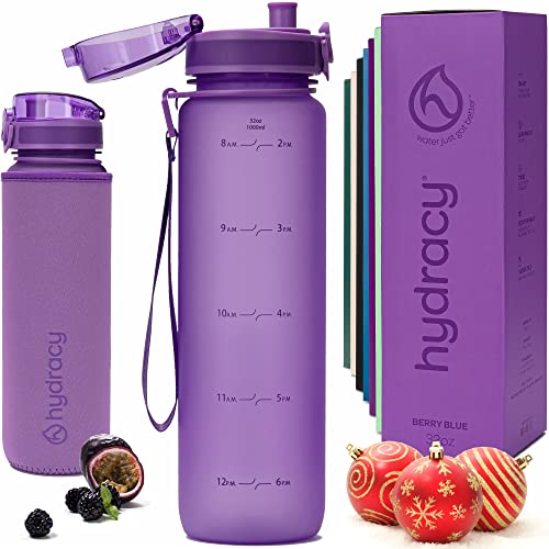 Hydracy Water Bottle with Time Marker -Large 32 oz BPA Free Water Bottle & No Sweat Sleeve -Leak Proof Gym Bottle with Fruit Infuser Strainer & Times to Drink -Ideal Gift for Fitness Sports & Outdoors - 32oz - Berry Blue