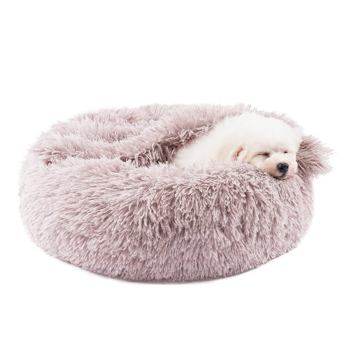 Himax Calming Dog Beds for Small, Medium Dogs and Cats, Round Dog Bed with Blanket Attached, Donut Dog Bed & Cat Bed (20"/26"/35") - Small Beige