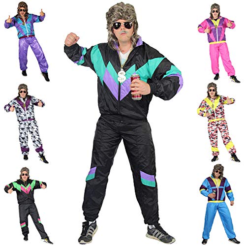 Foxxeo 80er Jahre Kostüm für Erwachsene Premium 80s Trainingsanzug Assianzug Assi - Herren Größe S-XXXXL - Fasching Karneval Anzug, Farbe schwarz-grün-lila, Größe: L - S - Trainingsanzug Herren