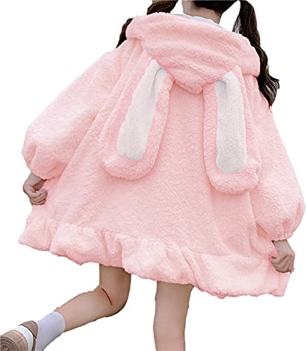 BZB Kawaii Anime Bunny Ear Hoodies For Women Sweet Lovely Fuzzy Fluffy Rabbit Sweater Tops Cosplay Jacket Coats - Pink Medium
