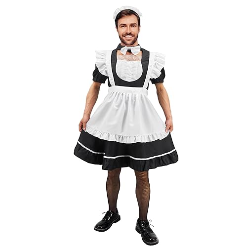 Male Maid Cosplay Dress Suit Maid Big Hemline Flared Dress Set Men Funny Performances Stage Costumes - Large