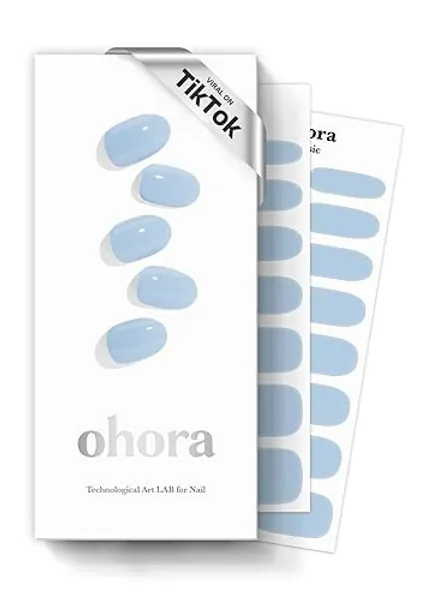 ohora Semi Cured Gel Nail Strips (N Cream Sky) - Blue, Solid, Works with Any UV/LED Nail Lamps, Salon-Quality, Long Lasting, Easy to Apply & Remove - Includes 2 Prep Pads, Nail File & Wooden Stick - 04. N Cream Sky