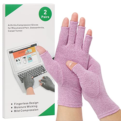 2-Pair Arthritis Compression Gloves for Alleviate Rheumatoid Osteoarthritis, Carpal Tunnel Raynauds Disease, Ease Muscle Tensi on Fingerless, Breathable & Moisture, Women and Men (Purple, Medium) - Purple - M