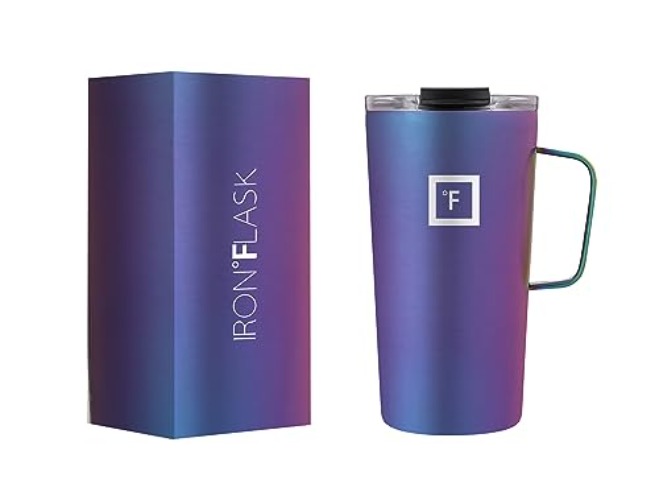 IRON °FLASK Grip Coffee Mug - 16 Oz, Leak Proof, Vacuum Insulated Stainless Steel Bottle, Double Walled, Thermo Travel, Hot Cold, Water Metal Canteen - 16 Oz - Purple