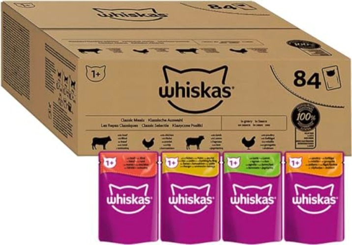 Whiskas 1+ Adult Classic Selection in Gravy 84 Pouches, Adult Wet Cat Food, Megapack (84 x 85 g) - Classic Selection - 85 g (Pack of 84)