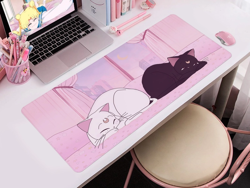 Luna and Artemis Mousepad cute | Kawaii anime cats deskmat | XXL rectangular gaming desk mat | High Quality | Pink anime aesthetic mouse pad